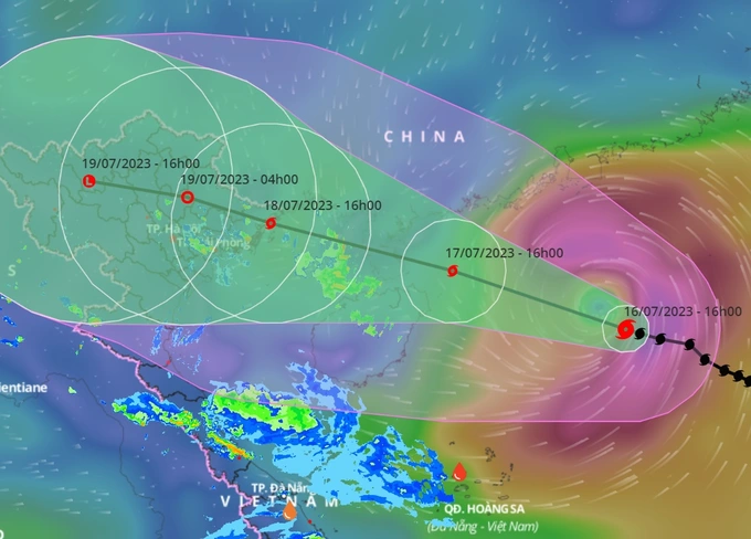 Dự báo đường đi cho thấy bão số 1 hướng thẳng vào vùng biển Quảng Ninh - Thái Bình và tác động đến thời tiết đất liền Bắc Bộ, Bắc Trung Bộ từ đêm 17/7 (Ảnh: VNDMS).